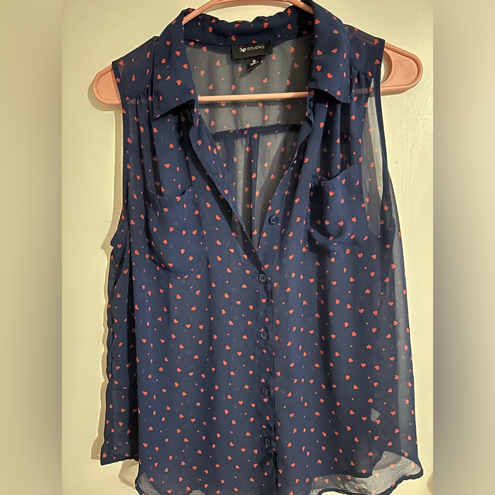 AB Studios short sleeve sheer navy blue blouse with red hearts